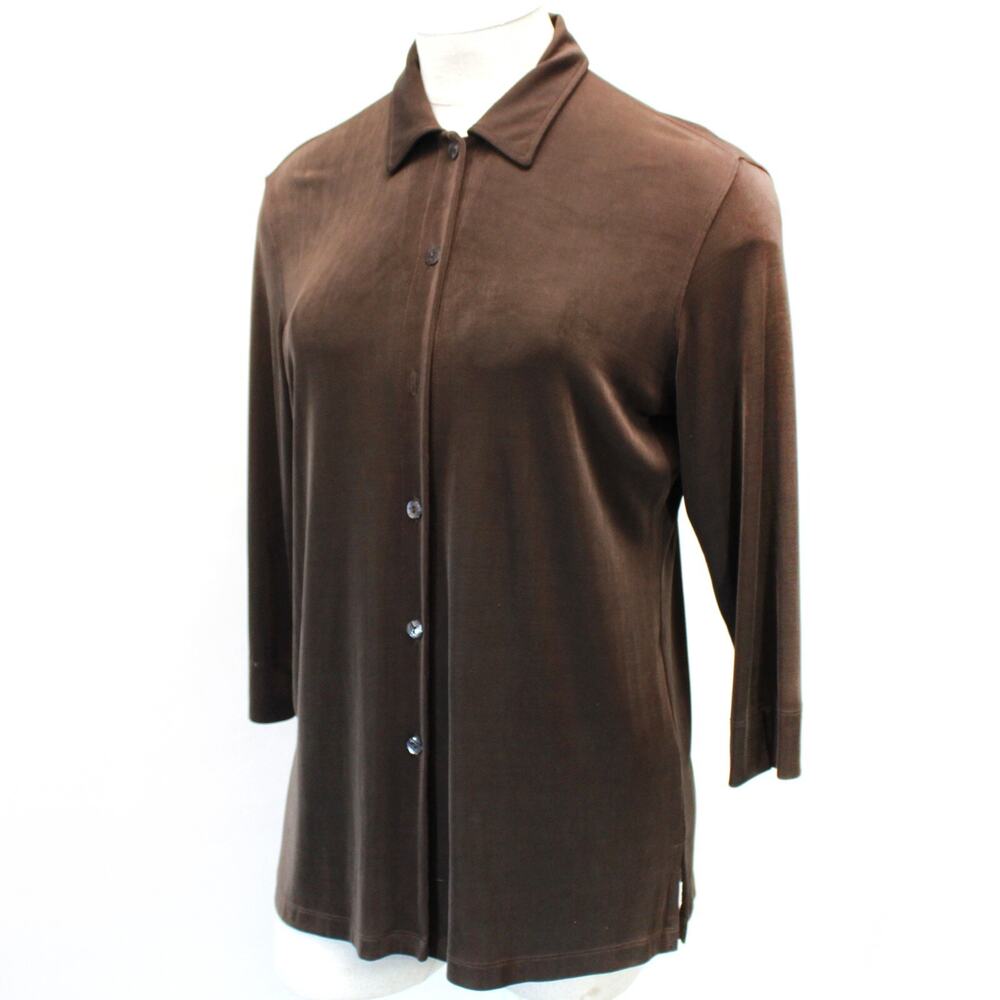 Chico's Travelers brown collared long button down blouse shirt top size 3 XL